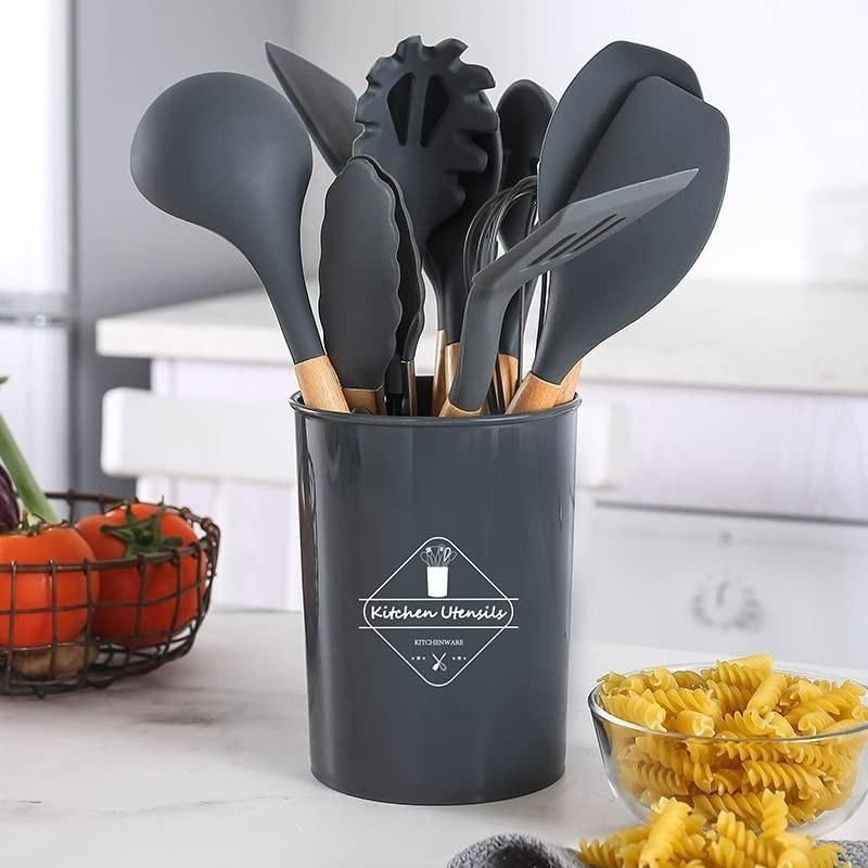 Silicone Kitchen Utensils Set 11pcs with Holder (12 piece) | Non-Stick, Heat Resistant, BPA-Free