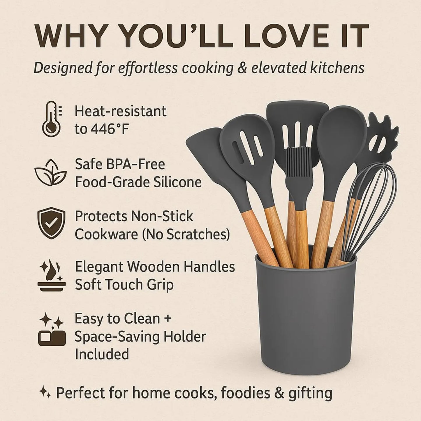 Silicone Kitchen Utensils Set 11pcs with Holder (12 piece) | Non-Stick, Heat Resistant, BPA-Free